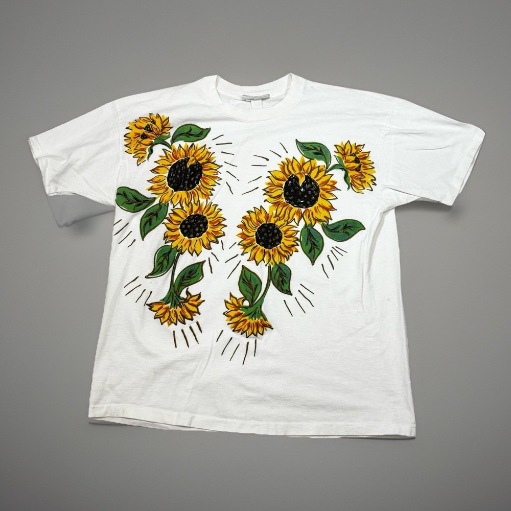 Vintage 90s Sunflowers Puff Print Graphic T Shirt Size Woman  XL Single Stitch